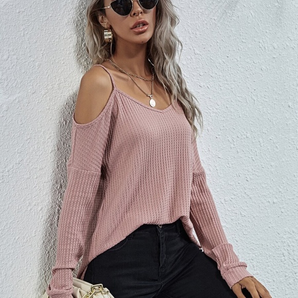 off shoulder waffle long sleeve knit top BLACK - Picture 8 of 11